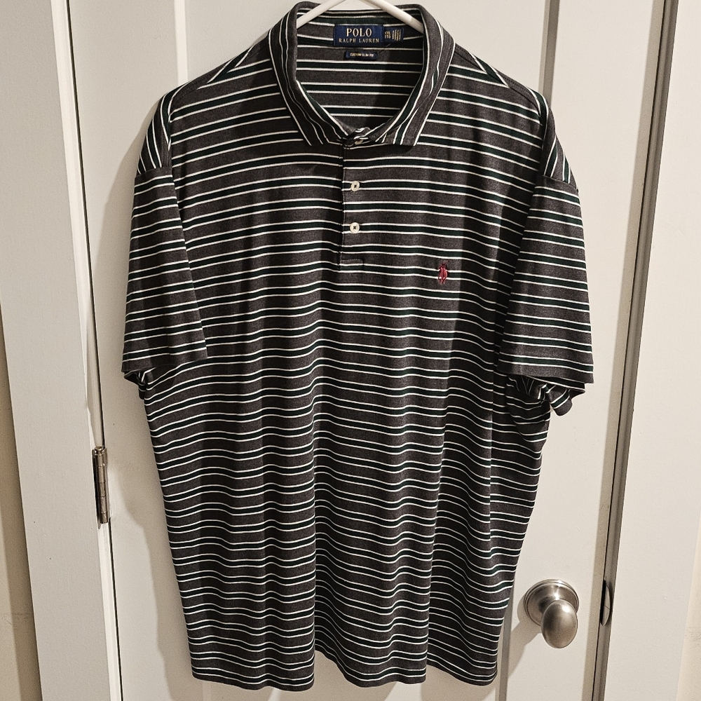 Polo Ralph Lauren Cotton Polo Shirt - Green & Grey Striped - Size XXL Slim-Fit